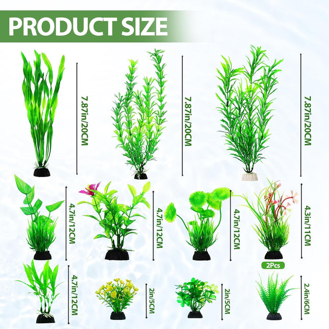 12PCS Aquarium Decorations, Green Plastic Plants, Fish Tank Decor & Aquatic Accessories
