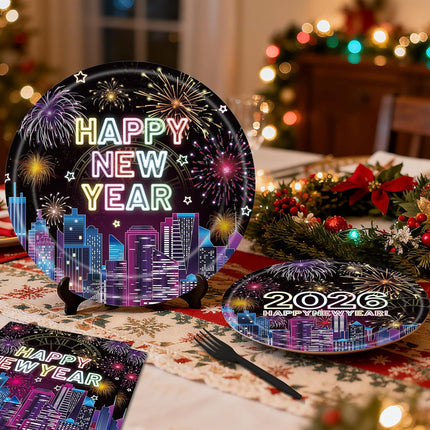 96 PCS Happy New Year 2026 Plates & Napkins Party Supplies Tableware Set