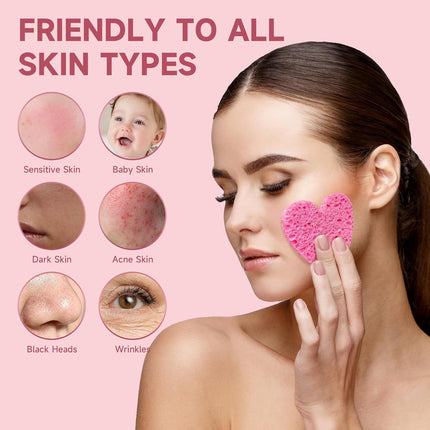 100-Pc Pink Heart Facial Sponges – Natural Cellulose, Gentle Cleansing & Exfoliating