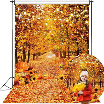 Autumn Forest Photography Backdrop 5x7FT – Fall Leaves & Pumpkins for Thanksgiving