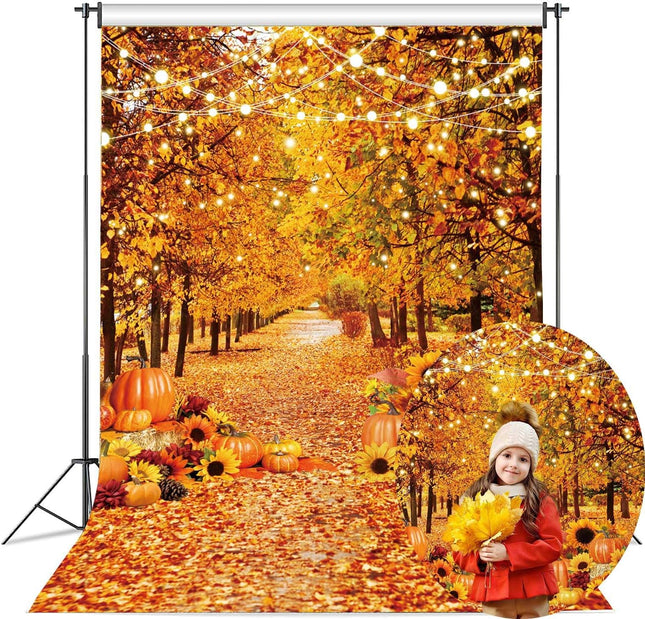 Autumn Forest Photography Backdrop 5x7FT – Fall Leaves & Pumpkins for Thanksgiving