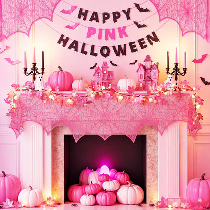 Pink Halloween Lace Spider Web Mantel Scarf 18x96in, Durable Gauze Fireplace Decor