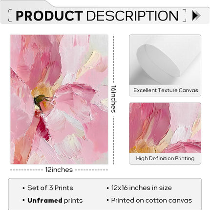 Set of 3 Pink Floral Canvas Wall Art Prints Blush Peony Botanical Decor 12x16 Inch