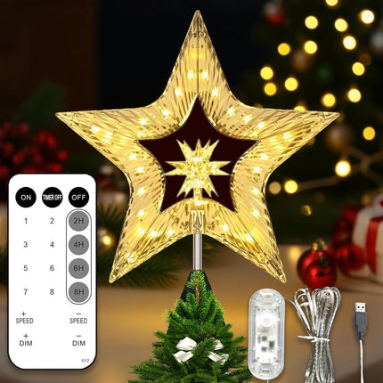 10" Christmas Tree Star Topper with Lights – Shatterproof Plastic, USB Powered