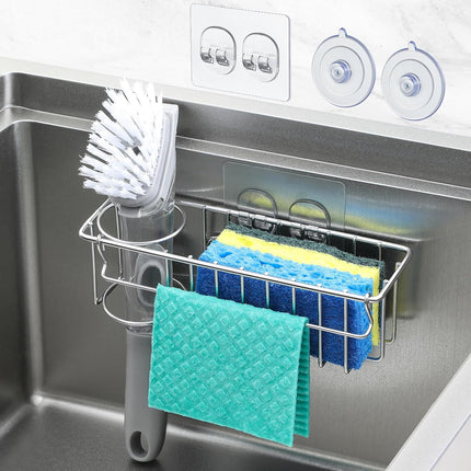 3-in-1 Kitchen Sink Sponge Holder – Suction & Wall-Mount, Stainless Steel