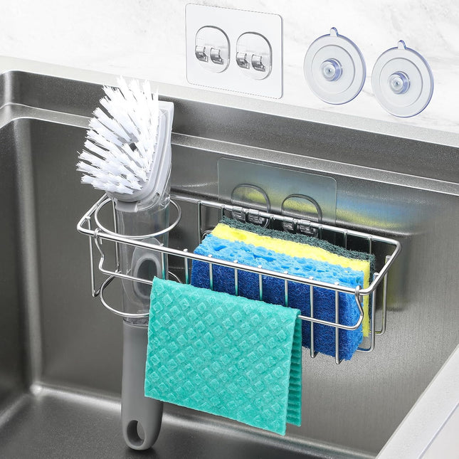3-in-1 Kitchen Sink Sponge Holder – Suction & Wall-Mount, Stainless Steel