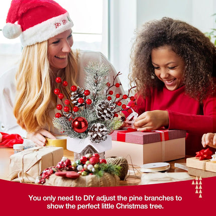 Small Christmas Tree with Snow Tabletop Decor with Ornaments, Pine & Berry