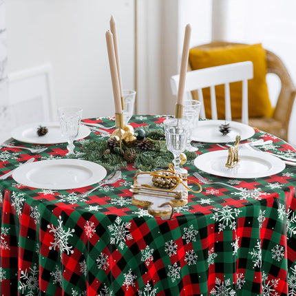 3pcs Buffalo Plaid Christmas Tablecloths – Red/Green Snowflake Round Covers 84"