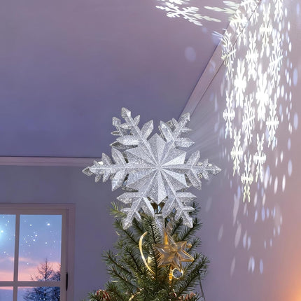 Christmas Tree Topper Silver Snowflake Projector, LED Rotating Snowflake Holiday Magic