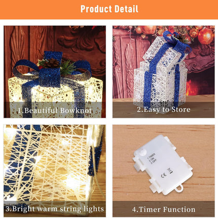 3-Pack Light-Up Christmas Gift Boxes – Warm White LED, Battery Operated, Blue Bow