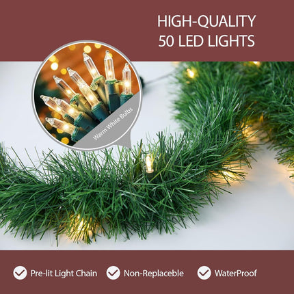 15.4ft Pre-Lit Christmas Garland with 50 LED Lights, Battery Operated, 8 Modes
