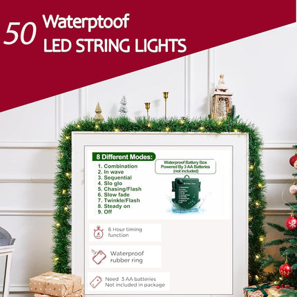 15.4ft Pre-Lit Christmas Garland with 50 LED Lights, Battery Operated, 8 Modes