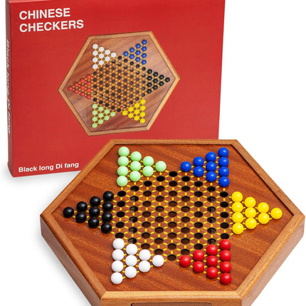 Wooden Chinese Checkers Game Set with Storage Drawer 60 Color Pieces