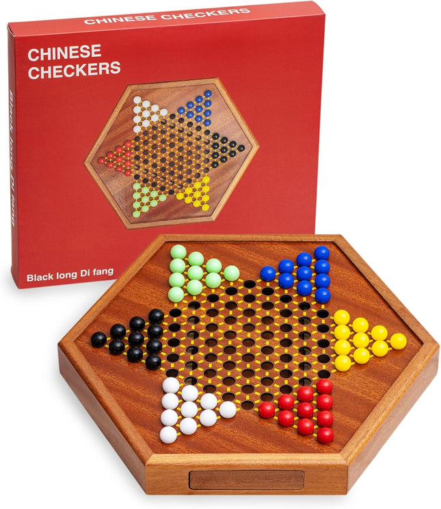 Wooden Chinese Checkers Game Set with Storage Drawer 60 Color Pieces