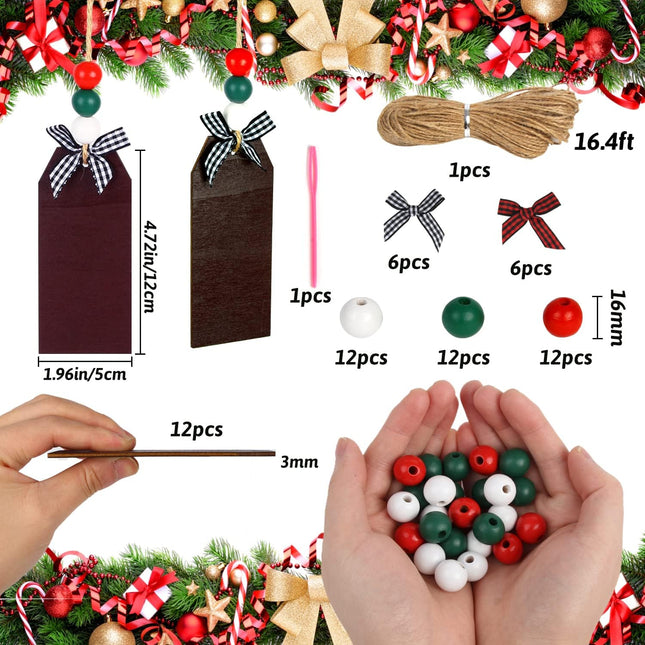12PCS Wooden Stocking Tags with Beads and Bow for Christmas Tree Home Decor