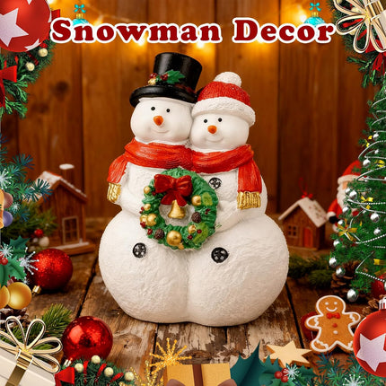 Snowman Couple Figurines with Wreath | Resin Christmas Tabletop Decor