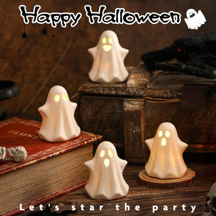4-Piece Ceramic Ghost Lights, LED Halloween Figurines with Timer for Tabletop Decor