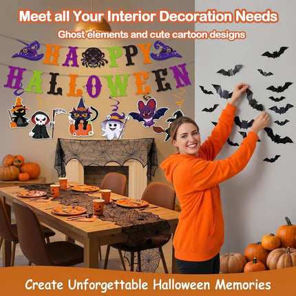 Halloween Indoor Decor Set, Happy Halloween Banner, Swirls, Spider Web & 3D Bats