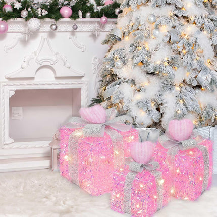 3-Pack Lighted Christmas Gift Boxes – Timer & 8 Modes, Pink Hearts with Silver Glitter Bow