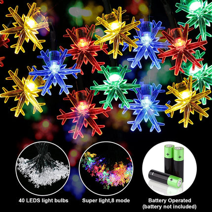 40 LED Snowflake String Lights – 20ft Battery Operated Christmas Decor
