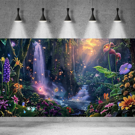 Fantasy Garden Aquarium Background 24x12 Inch Sunset Waterfall Vinyl Terrarium Backdrop