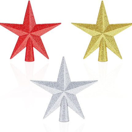 3 Pack Mini Star Tree Toppers 4" – Glitter Gold, Silver & Red Christmas Stars