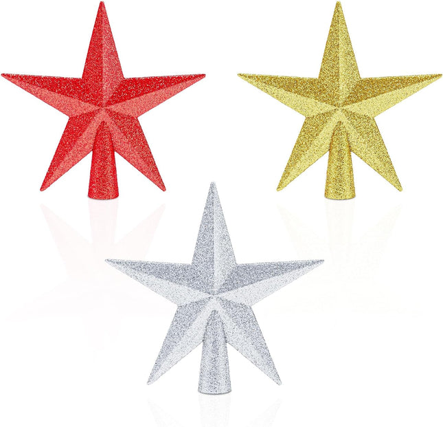 3 Pack Mini Star Tree Toppers 4" – Glitter Gold, Silver & Red Christmas Stars