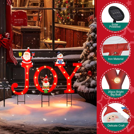 Christmas Yard Stakes Solar Lighted Joy Sign with Santa, Reindeer, Snowman