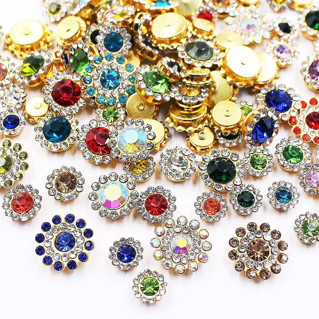 100 Pcs Mixed Color Sunflower Sew-On Rhinestones, Glass Crystal Gems in 8–14mm Sizes