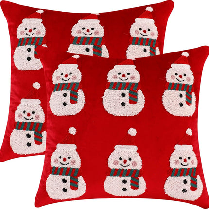 Christmas Red Pillow Covers 2PCS – 18x18 Velvet Snowman Holiday Cushion Cases