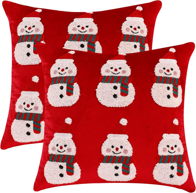 Christmas Red Pillow Covers 2PCS – 18x18 Velvet Snowman Holiday Cushion Cases