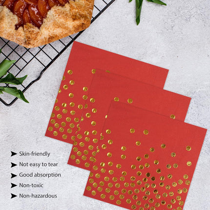 50PCS Red & Gold Dot Dinnerware – Disposable Plates & Napkins for Parties