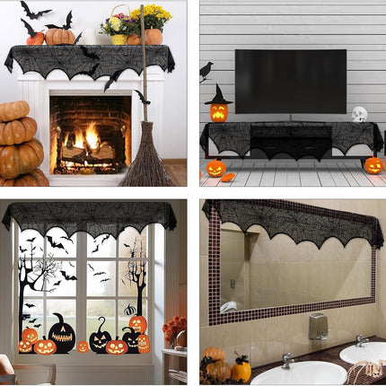 Halloween Black Lace Spiderweb Mantel Scarf 18x96in, Fireplace Party Decor