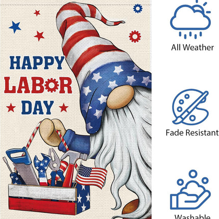 Happy Labor Day Gnome Garden Flag 12x18 Double Sided Burlap USA Flag Only