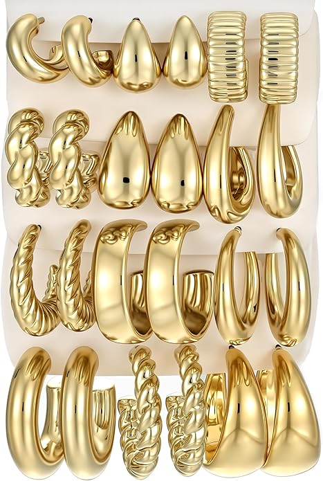 18 Pairs Gold Hoop Earrings Set Women Hypoallergenic Pearl Chunky