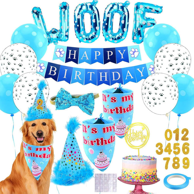 Dog Birthday Party Supplies – Adjustable Bandana, Hat, Banner, Bow Tie & Balloons