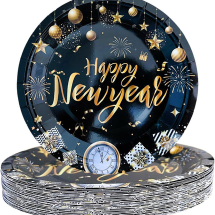 20-Piece 7in New Year Plates – Black & Gold Tableware for Party Decor