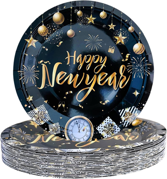 20-Piece 7in New Year Plates – Black & Gold Tableware for Party Decor