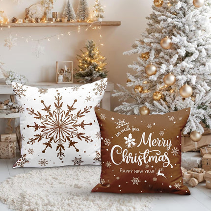 Set of 4 Holiday Throw Pillow Covers, 18x18 – Merry Christmas & Snowflake Winter Decor