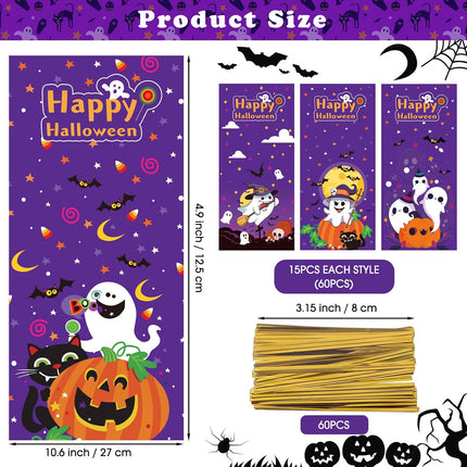60-Piece Halloween Treat Bags, Cute Cellophane Candy Bags with Gold Twist Ties