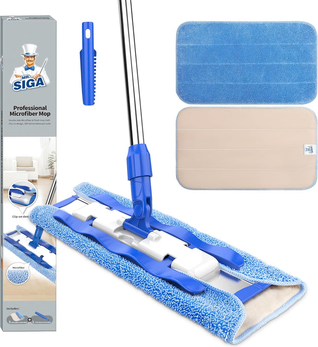 Flat Microfiber Floor Mop with Stainless Steel Telescopic Handle & Refills