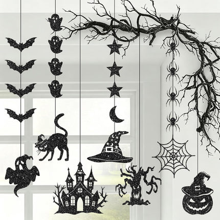 Glitter Black Halloween Garland, Witch Hat Ghost Pumpkin Bat Spider Hanging Banner