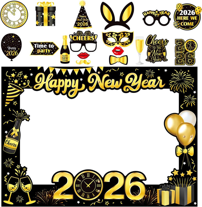18-Pc 2026 NYE Photo Booth Props with Giant Happy New Year Selfie Frame