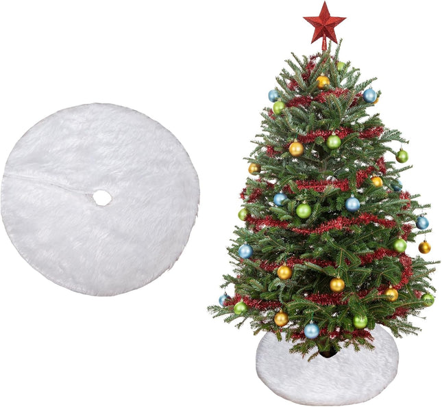 15" White Faux Fur Mini Christmas Tree Skirt – Plush Xmas Tree Decoration