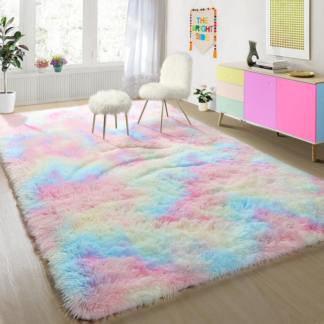 Rainbow Shaggy Rug 4x6 – Plush Fuzzy Carpet for Kids, Nursery & Toddler Room