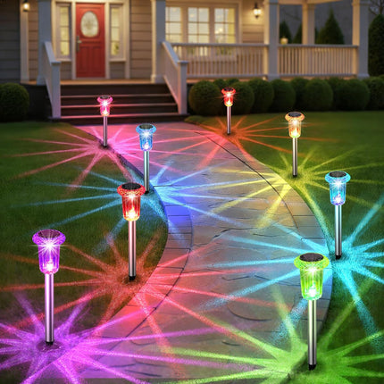 10 Pack Color Changing Solar Pathway Lights, Waterproof Stainless Steel Garden Stake Lights