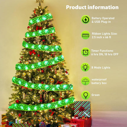 LED Ribbon Lights for Christmas Tree – 66FT, 200 LEDs, Remote & Timer, 8 Modes