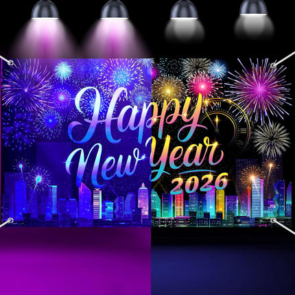 2026 Happy New Year Neon Banner Glowing NYE Party Decorations 71x43"