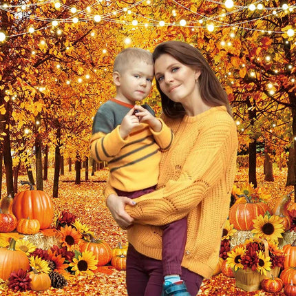 Autumn Forest Photography Backdrop 5x7FT – Fall Leaves & Pumpkins for Thanksgiving