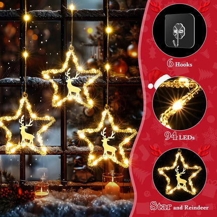 5-Star Curtain Lights with 94 LED – Christmas Reindeer Window String Lights, Plug-in Design
